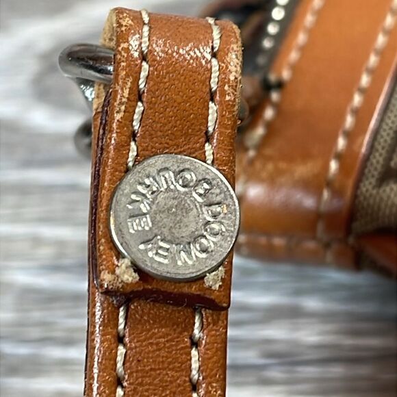 Dooney & Bourke Tan Canvas Brown Leather Trim “DB” Monogram Wristlet & Hardware - Picture 5 of 8